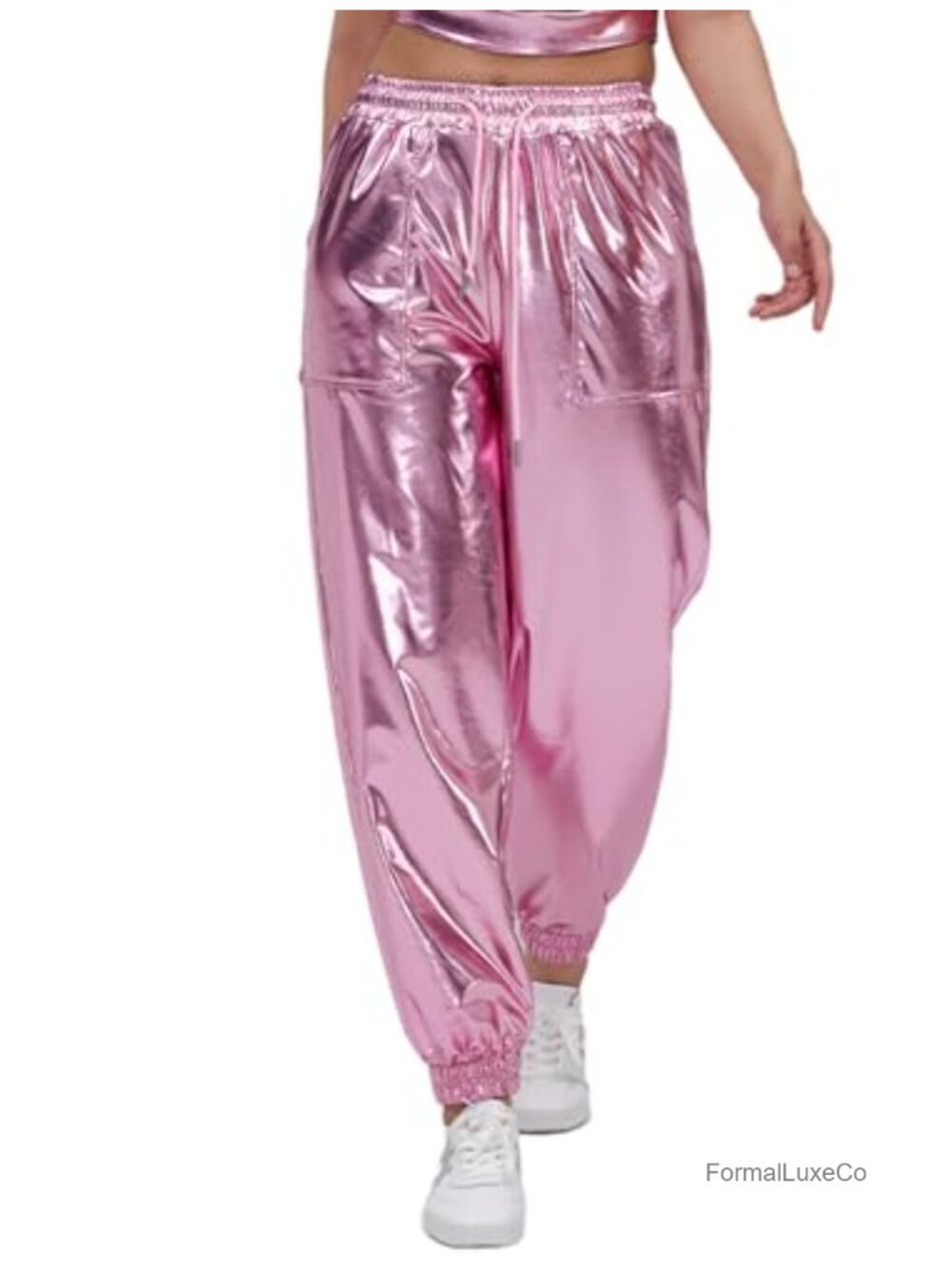 Women's High Waist Drawstring Jogger Pants Faux Leather Metallic Wide Leg